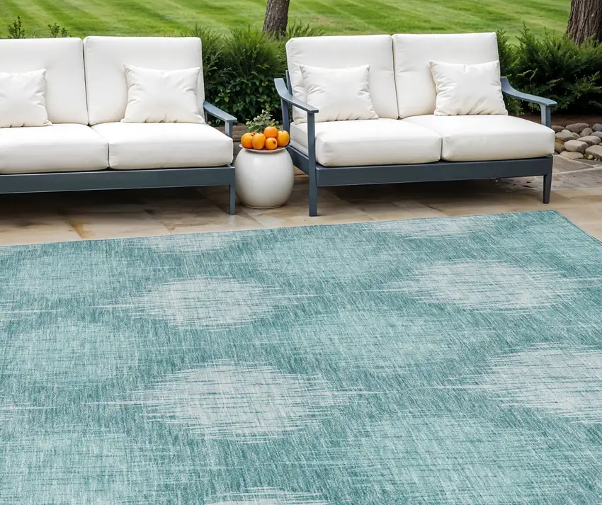Teal Blue And Mint Green Ikat Washable Indoor Outdoor Area Rug Photo 1