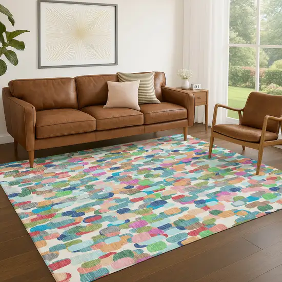 Teal Blue And Navy Blue Abstract Washable Indoor Outdoor Area Rug Photo 5