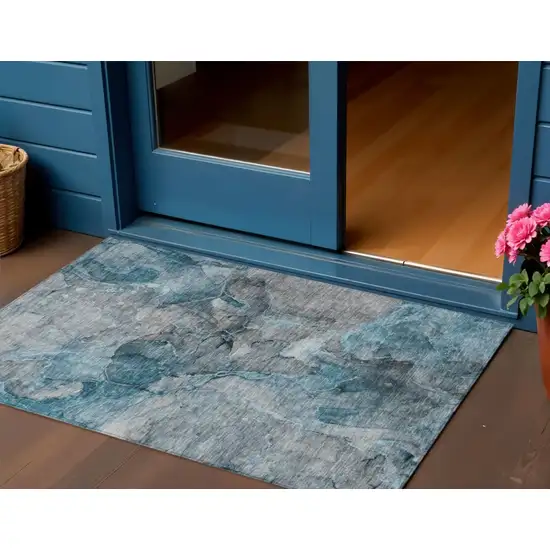 Teal Blue And Navy Blue Abstract Washable Indoor Outdoor Area Rug Photo 1