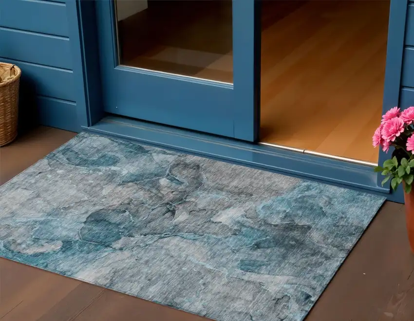 Teal Blue And Navy Blue Abstract Washable Indoor Outdoor Area Rug Photo 1