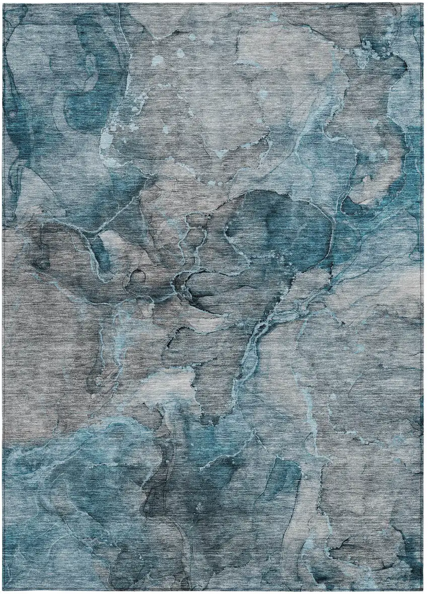 Teal Blue And Navy Blue Abstract Washable Indoor Outdoor Area Rug Photo 6