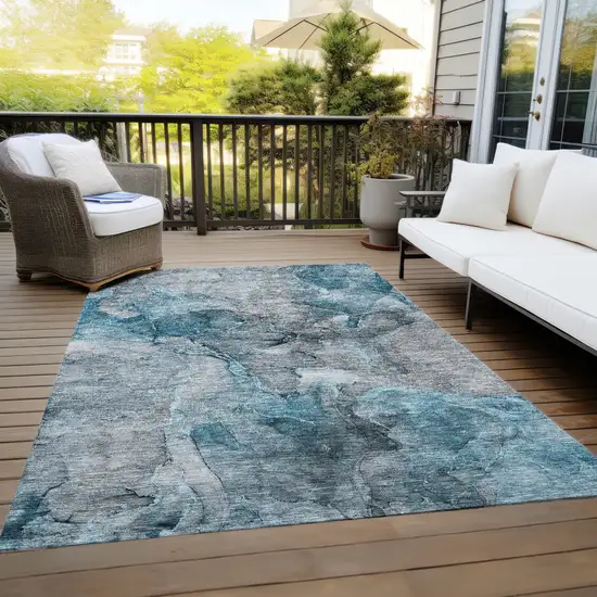 Teal Blue And Navy Blue Abstract Washable Indoor Outdoor Area Rug Photo 9