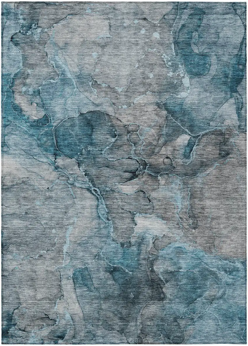 Teal Blue And Navy Blue Abstract Washable Indoor Outdoor Area Rug Photo 2