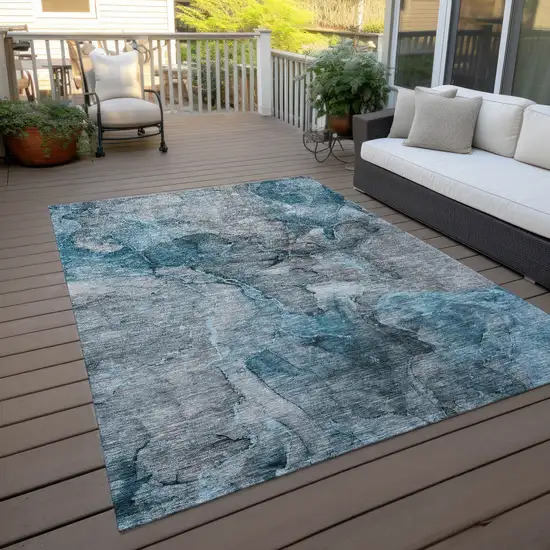 Teal Blue And Navy Blue Abstract Washable Indoor Outdoor Area Rug Photo 6