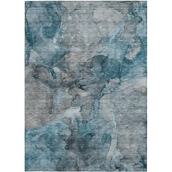 Teal Blue And Navy Blue Abstract Washable Indoor Outdoor Area Rug Photo 5