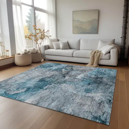 Teal Blue And Navy Blue Abstract Washable Indoor Outdoor Area Rug Photo 8