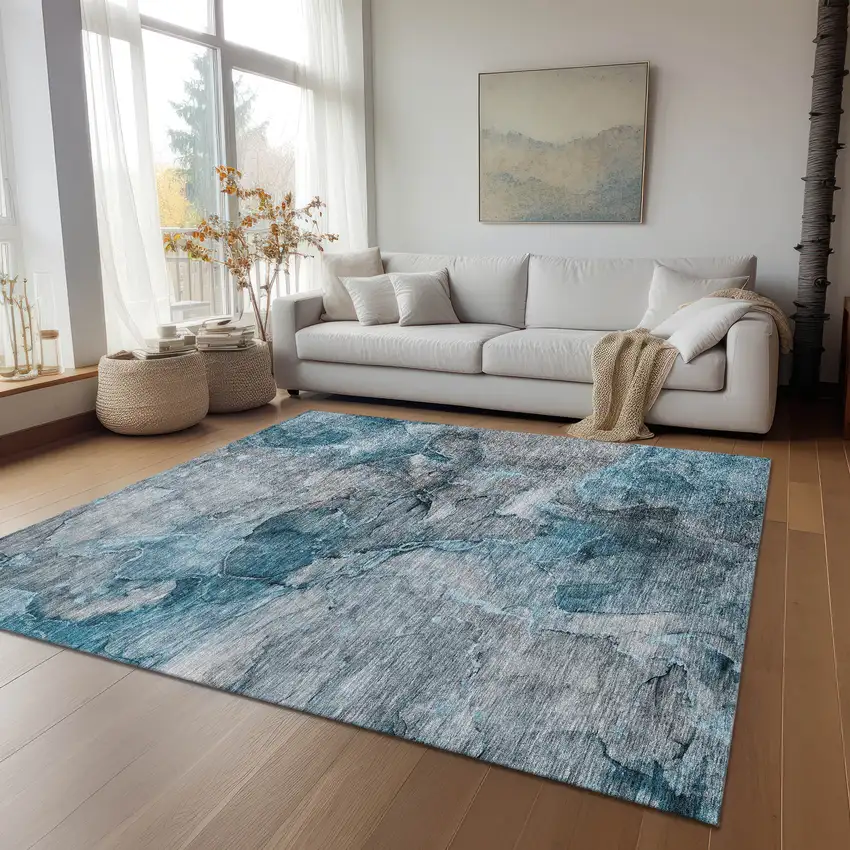 Teal Blue And Navy Blue Abstract Washable Indoor Outdoor Area Rug Photo 8