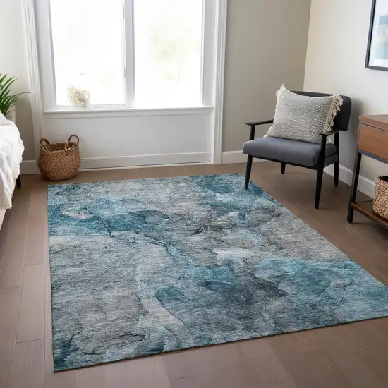 Teal Blue And Navy Blue Abstract Washable Indoor Outdoor Area Rug Photo 7