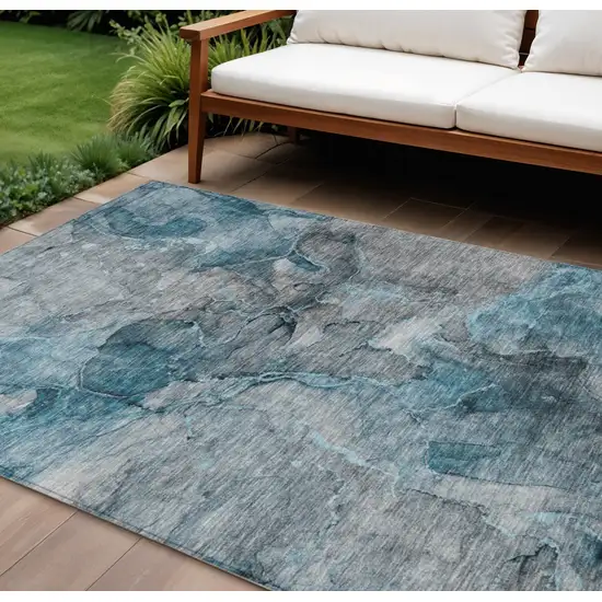 Teal Blue And Navy Blue Abstract Washable Indoor Outdoor Area Rug Photo 1