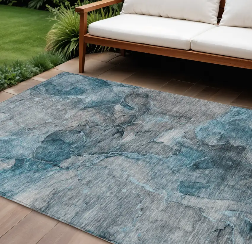 Teal Blue And Navy Blue Abstract Washable Indoor Outdoor Area Rug Photo 1