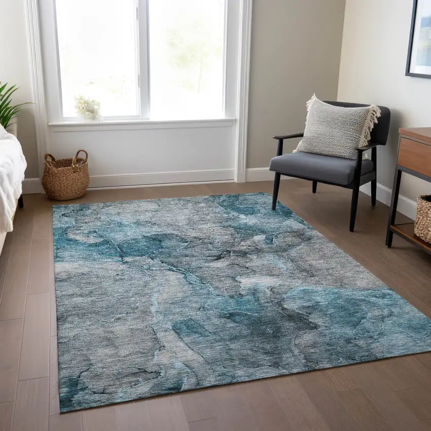 Teal Blue And Navy Blue Abstract Washable Indoor Outdoor Area Rug Photo 8