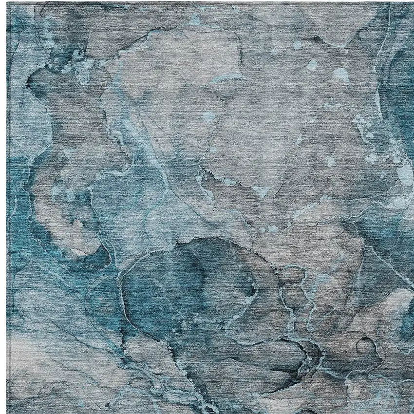 Teal Blue And Navy Blue Abstract Washable Indoor Outdoor Area Rug Photo 5