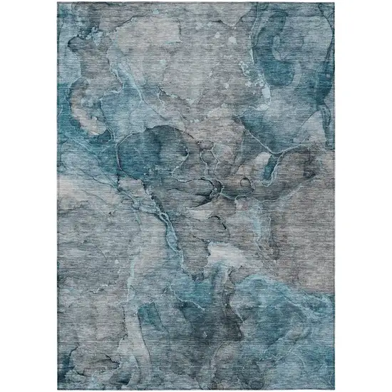 Teal Blue And Navy Blue Abstract Washable Indoor Outdoor Area Rug Photo 2