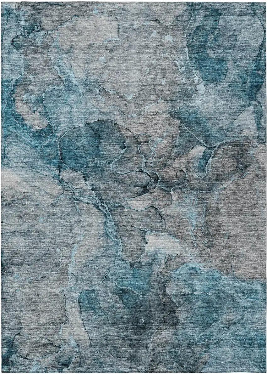 Teal Blue And Navy Blue Abstract Washable Indoor Outdoor Area Rug Photo 2