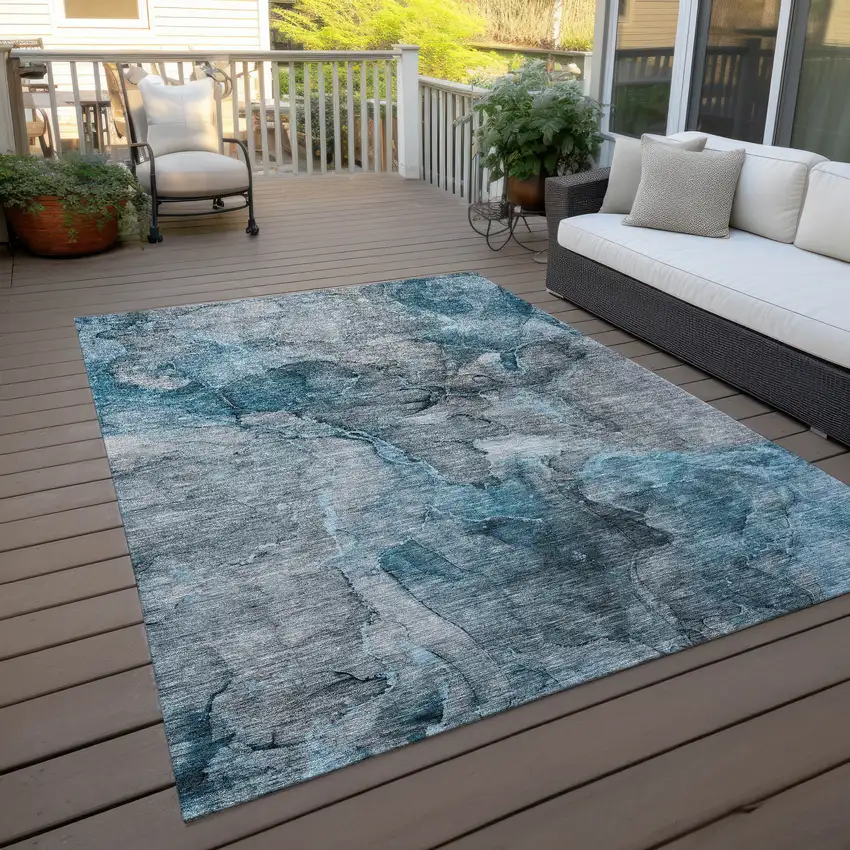 Teal Blue And Navy Blue Abstract Washable Indoor Outdoor Area Rug Photo 6