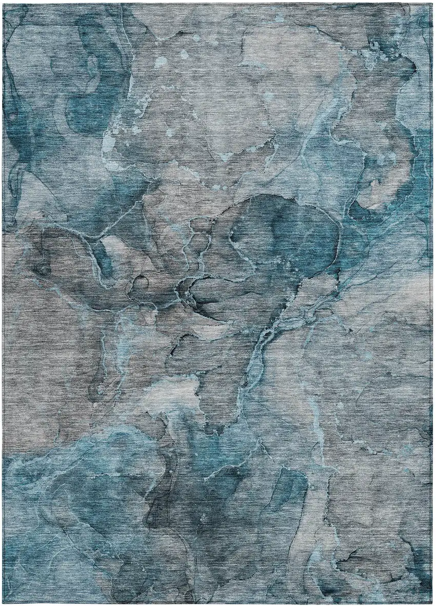 Teal Blue And Navy Blue Abstract Washable Indoor Outdoor Area Rug Photo 5