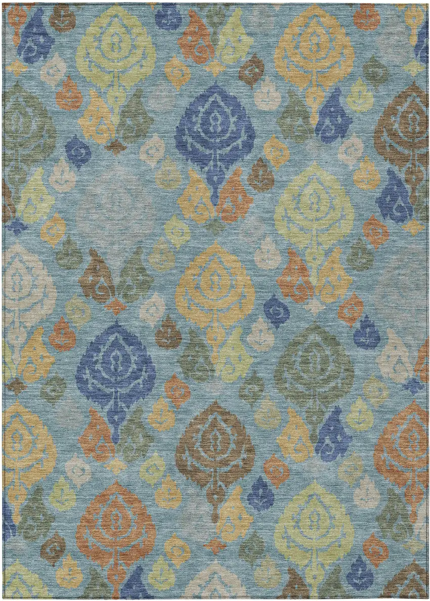 Teal Blue And Navy Blue Damask Washable Indoor Outdoor Area Rug Photo 1
