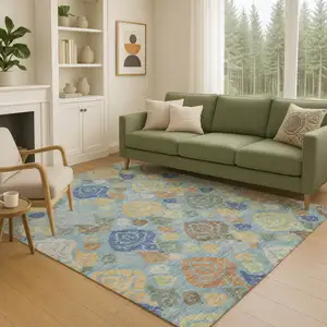 Photo of Teal Blue And Navy Blue Damask Washable Indoor Outdoor Area Rug