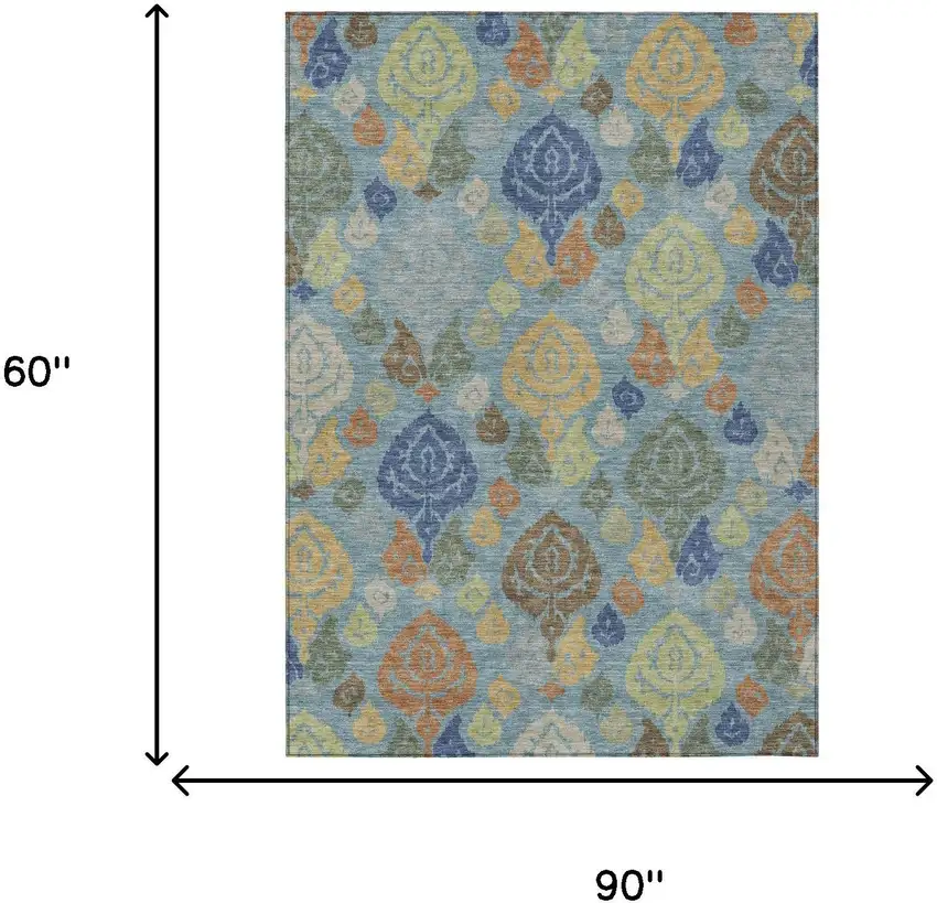 Teal Blue And Navy Blue Damask Washable Indoor Outdoor Area Rug Photo 6