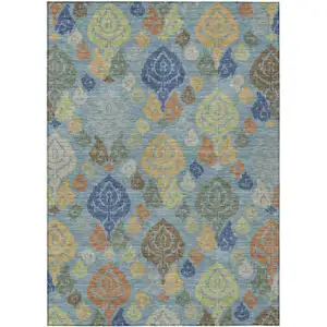 Photo of Teal Blue And Navy Blue Damask Washable Indoor Outdoor Area Rug