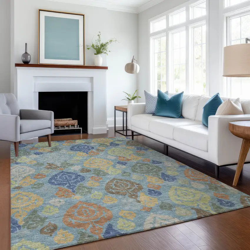 Teal Blue And Navy Blue Damask Washable Indoor Outdoor Area Rug Photo 6