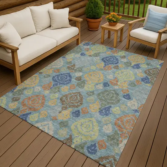 Teal Blue And Navy Blue Damask Washable Indoor Outdoor Area Rug Photo 4
