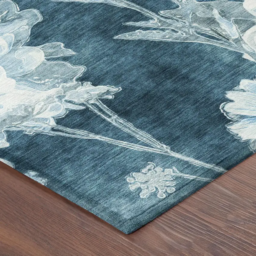 Teal Blue And Navy Blue Floral Washable Indoor Outdoor Area Rug Photo 3