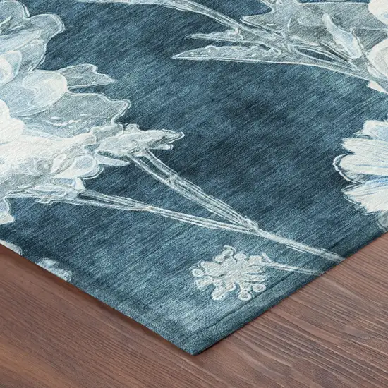 Teal Blue And Navy Blue Floral Washable Indoor Outdoor Area Rug Photo 3