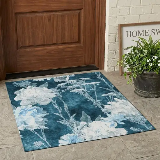 Teal Blue And Navy Blue Floral Washable Indoor Outdoor Area Rug Photo 1