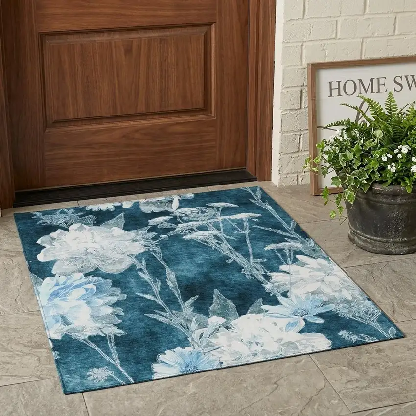 Teal Blue And Navy Blue Floral Washable Indoor Outdoor Area Rug Photo 1