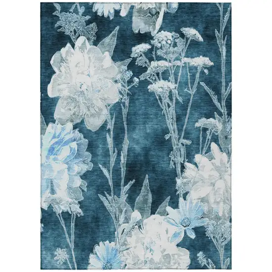 Teal Blue And Navy Blue Floral Washable Indoor Outdoor Area Rug Photo 2
