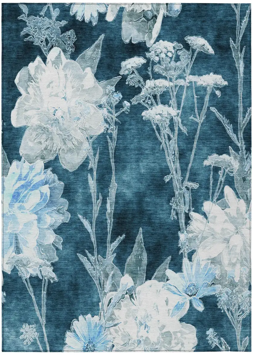 Teal Blue And Navy Blue Floral Washable Indoor Outdoor Area Rug Photo 2