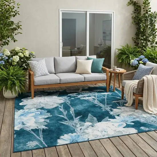 Teal Blue And Navy Blue Floral Washable Indoor Outdoor Area Rug Photo 1