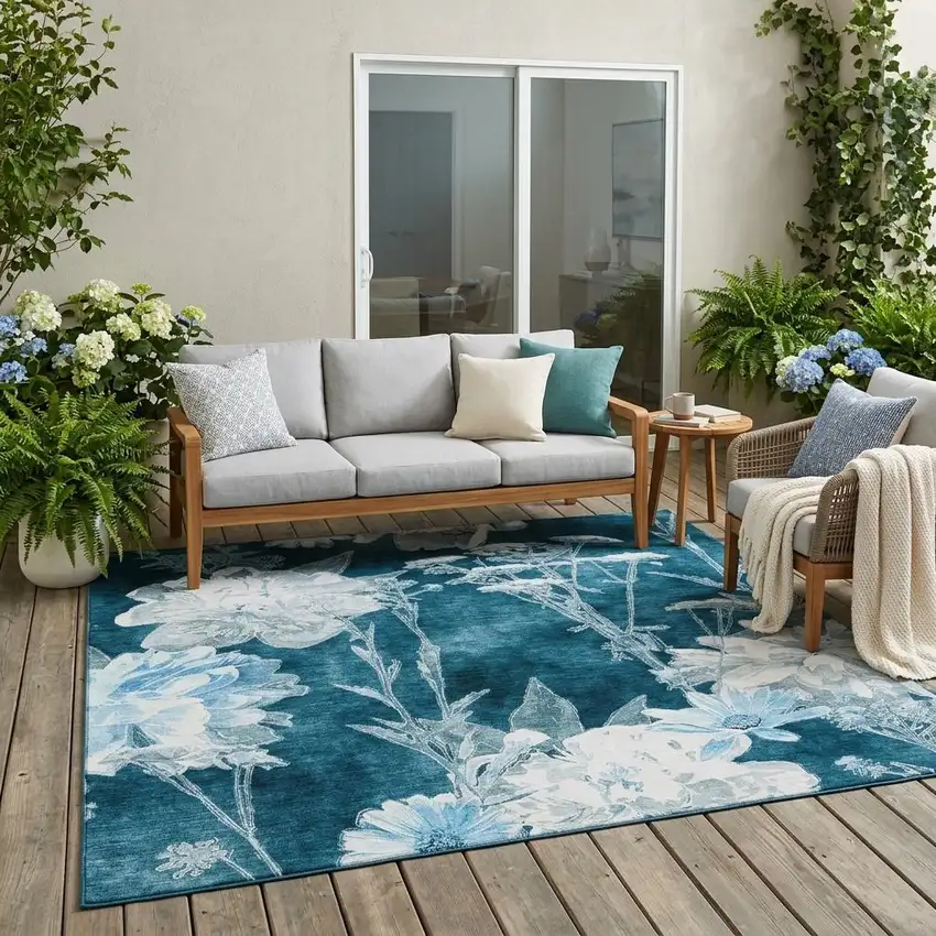 Teal Blue And Navy Blue Floral Washable Indoor Outdoor Area Rug Photo 1