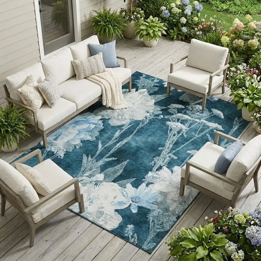Teal Blue And Navy Blue Floral Washable Indoor Outdoor Area Rug Photo 1