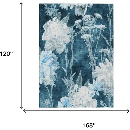 Teal Blue And Navy Blue Floral Washable Indoor Outdoor Area Rug Photo 5