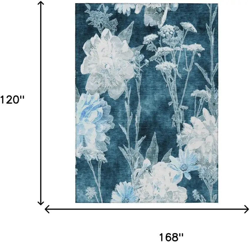 Teal Blue And Navy Blue Floral Washable Indoor Outdoor Area Rug Photo 5