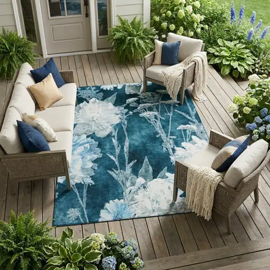 Teal Blue And Navy Blue Floral Washable Indoor Outdoor Area Rug Photo 1
