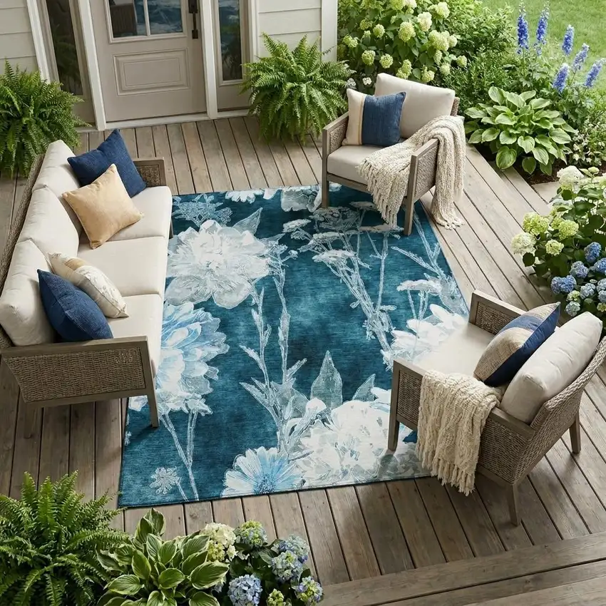 Teal Blue And Navy Blue Floral Washable Indoor Outdoor Area Rug Photo 1
