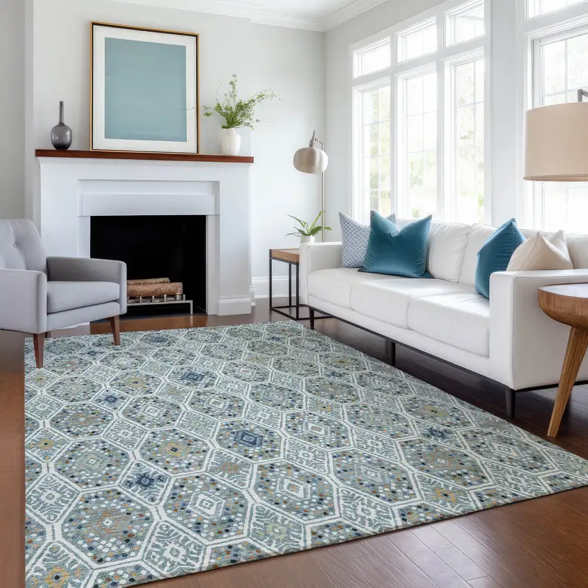 Teal Blue And Navy Blue Geometric Washable Indoor Outdoor Area Rug Photo 6