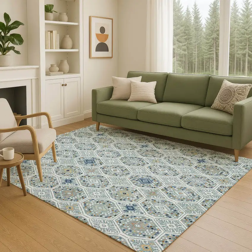 Teal Blue And Navy Blue Geometric Washable Indoor Outdoor Area Rug Photo 5