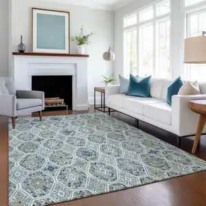 Photo of Teal Blue And Navy Blue Geometric Washable Indoor Outdoor Area Rug