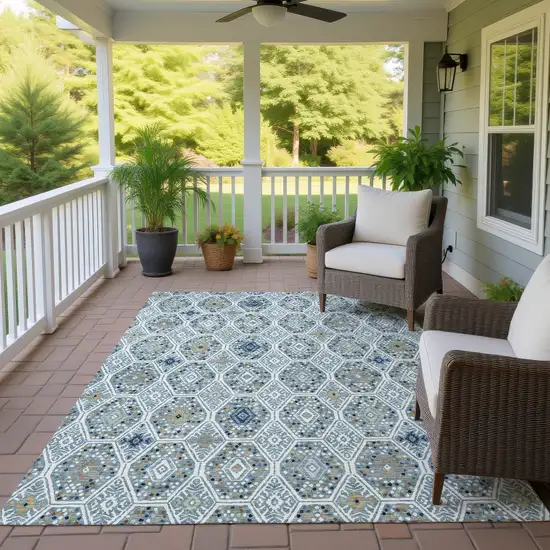 Teal Blue And Navy Blue Geometric Washable Indoor Outdoor Area Rug Photo 4