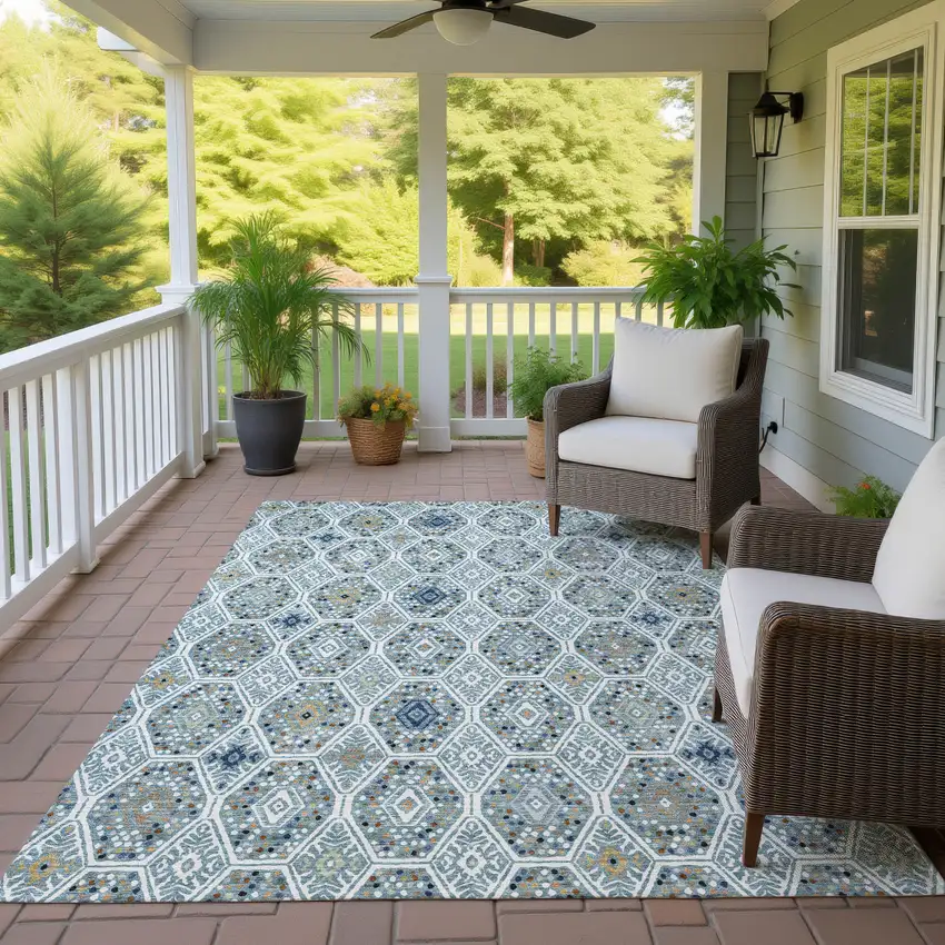 Teal Blue And Navy Blue Geometric Washable Indoor Outdoor Area Rug Photo 4