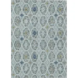 Photo of Teal Blue And Navy Blue Geometric Washable Indoor Outdoor Area Rug