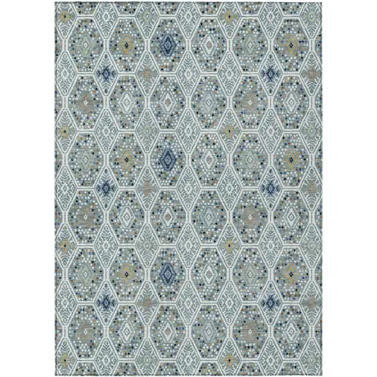 Teal Blue And Navy Blue Geometric Washable Indoor Outdoor Area Rug Photo 1