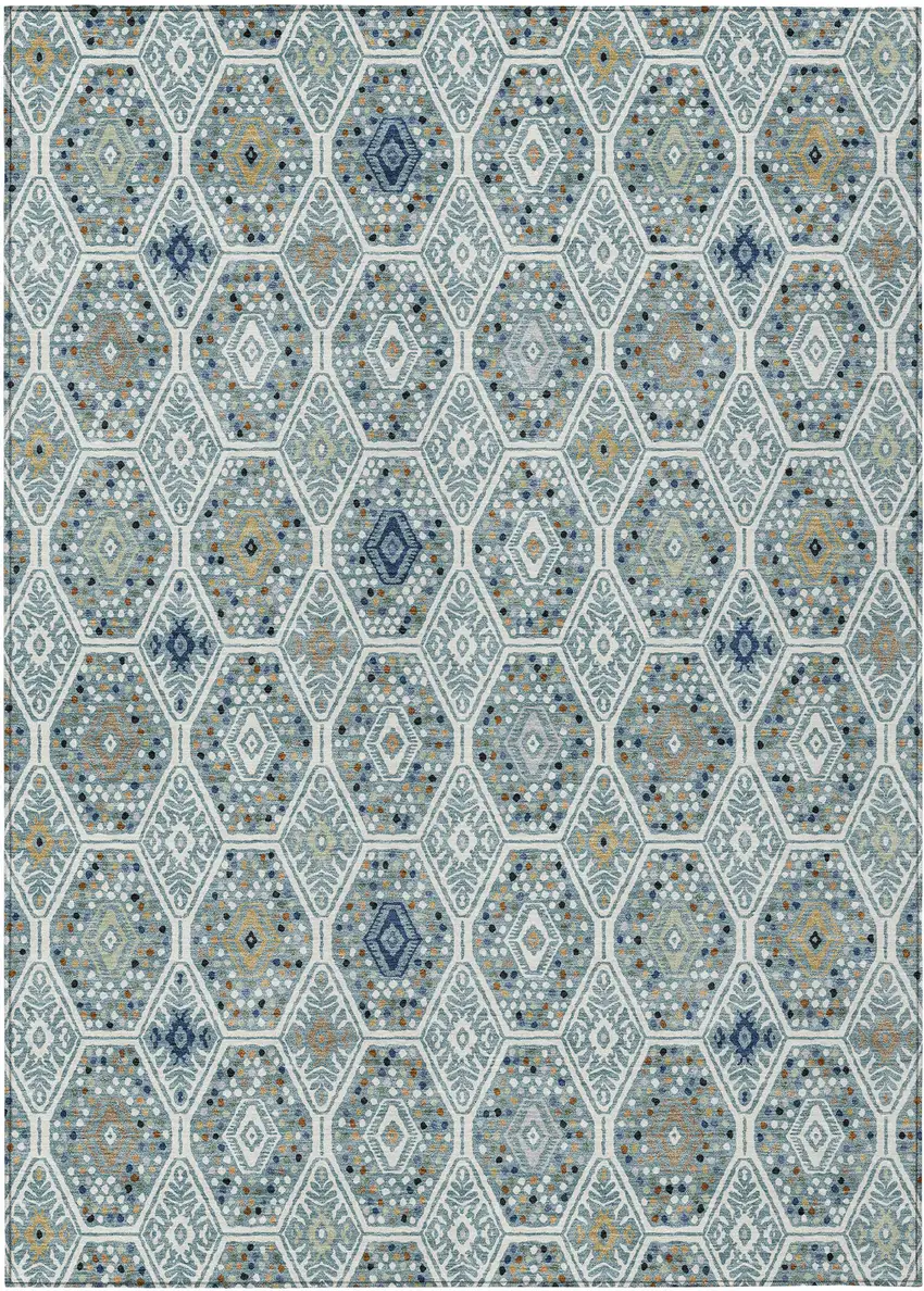 Teal Blue And Navy Blue Geometric Washable Indoor Outdoor Area Rug Photo 1