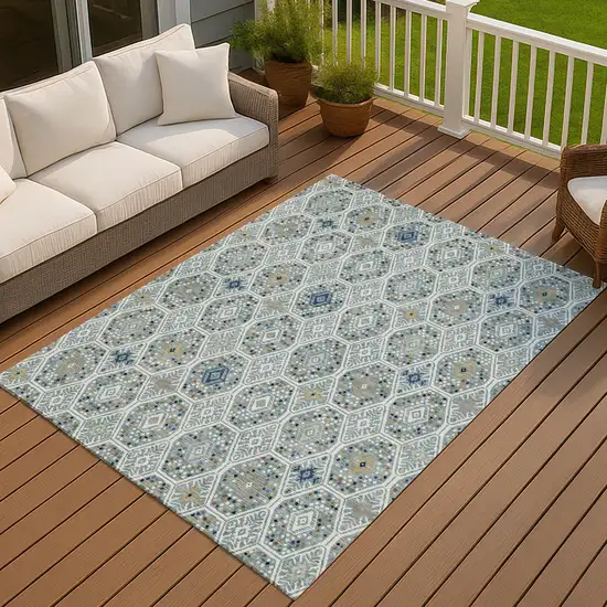 Teal Blue And Navy Blue Geometric Washable Indoor Outdoor Area Rug Photo 7