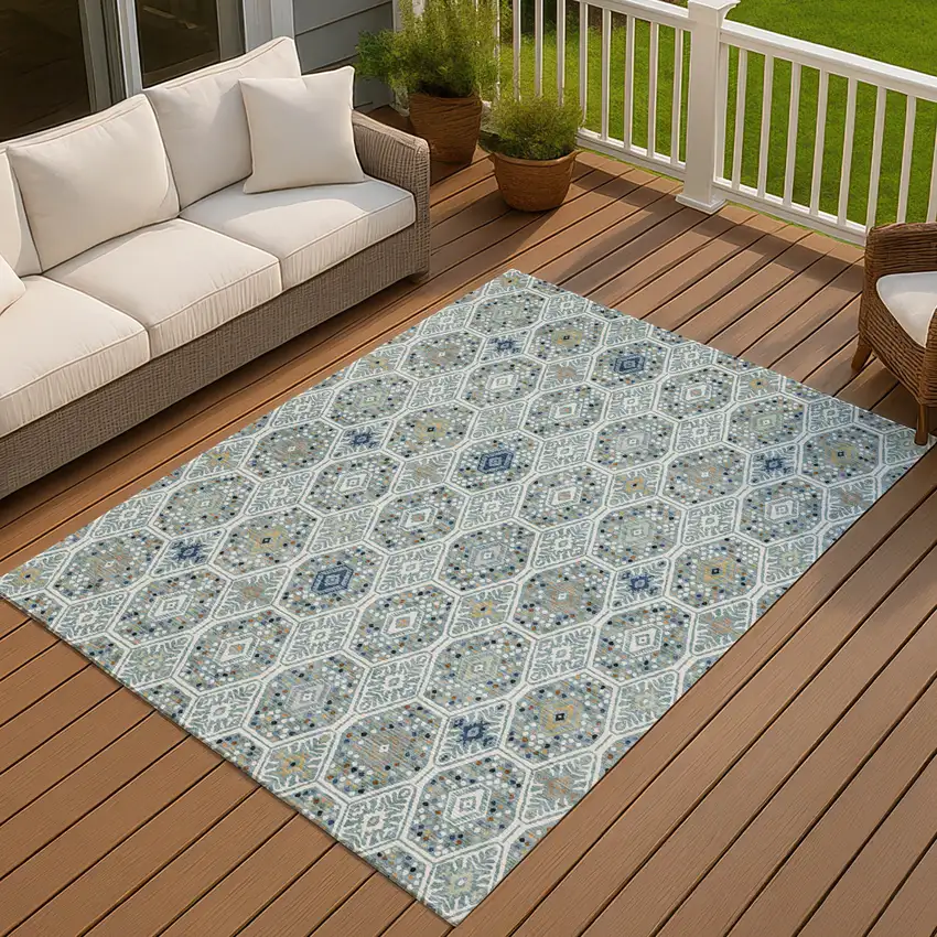 Teal Blue And Navy Blue Geometric Washable Indoor Outdoor Area Rug Photo 7