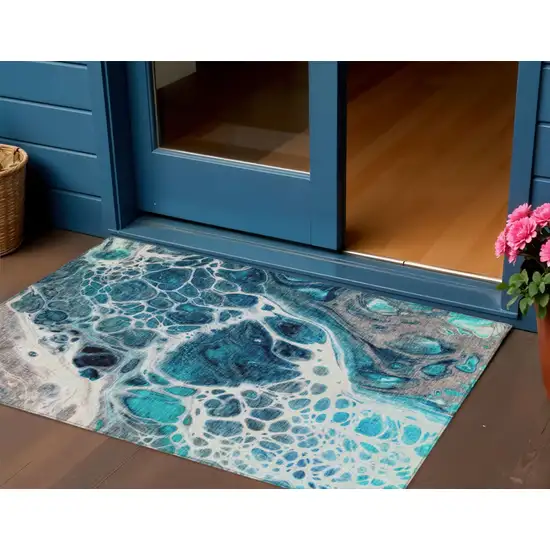 Teal Blue And Navy Blue Nautical Washable Indoor Outdoor Area Rug Photo 1